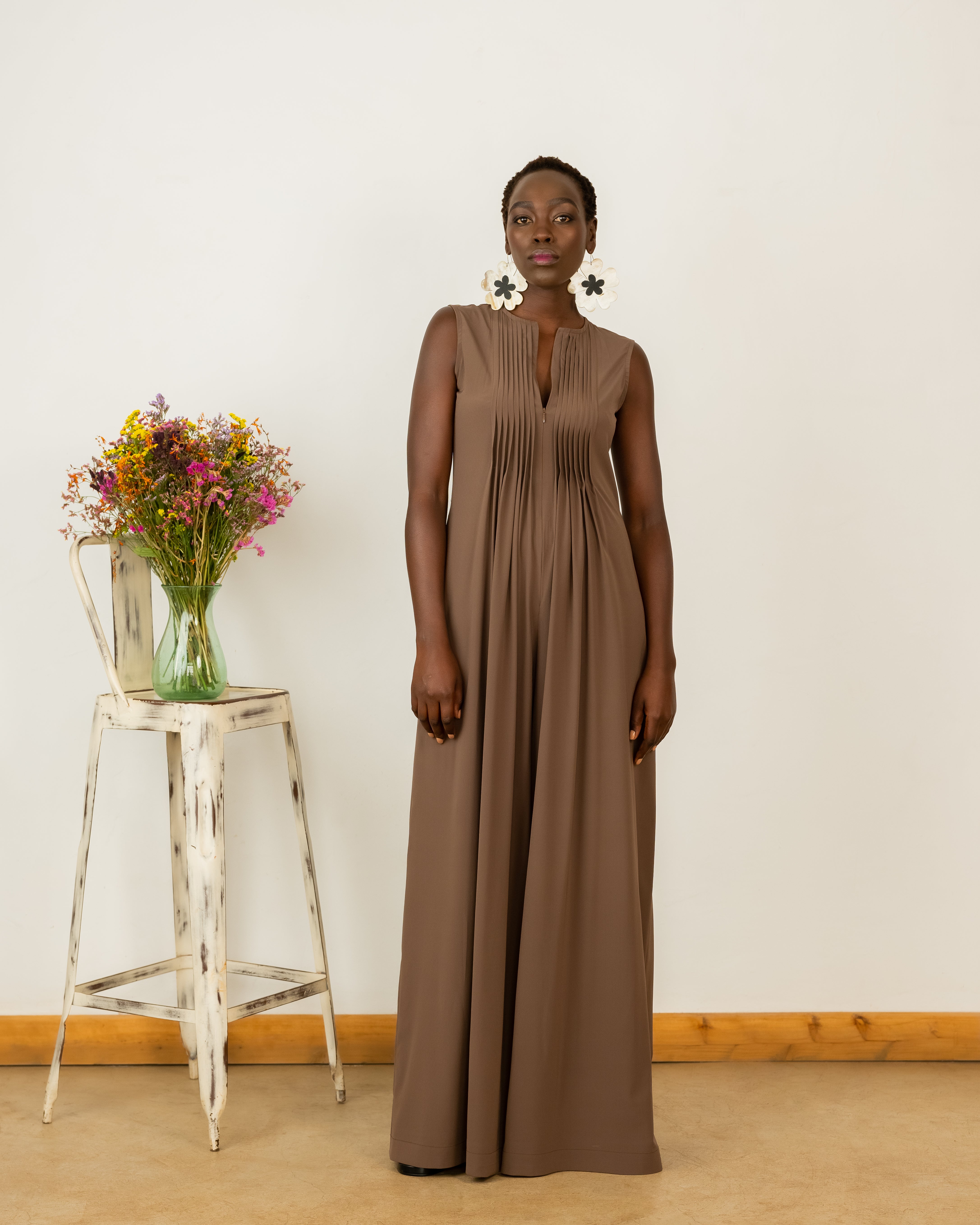 Amy Jumpsuit In Taupe Crepe Silk