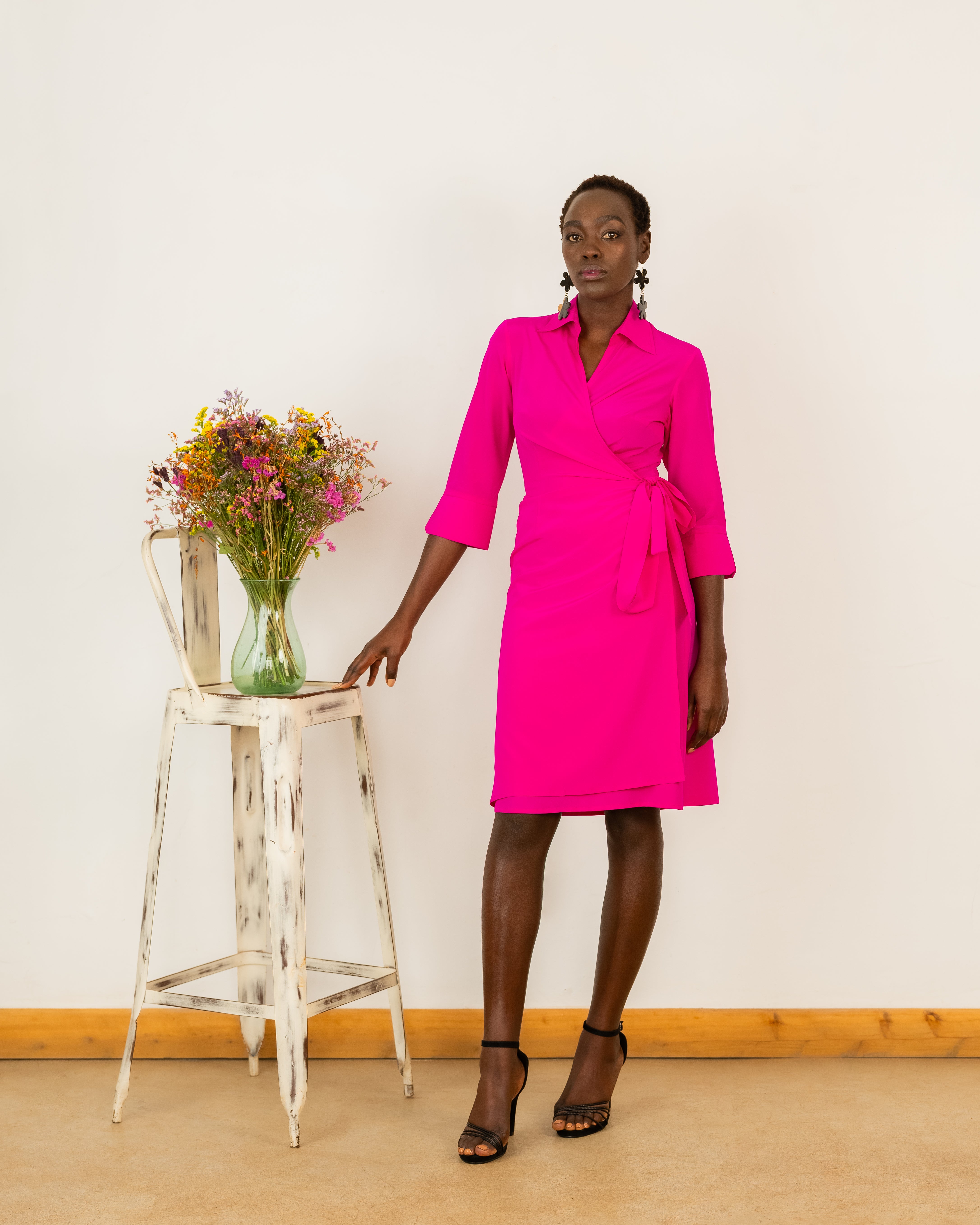 Wrap Dress in Hot Pink Crepe Silk