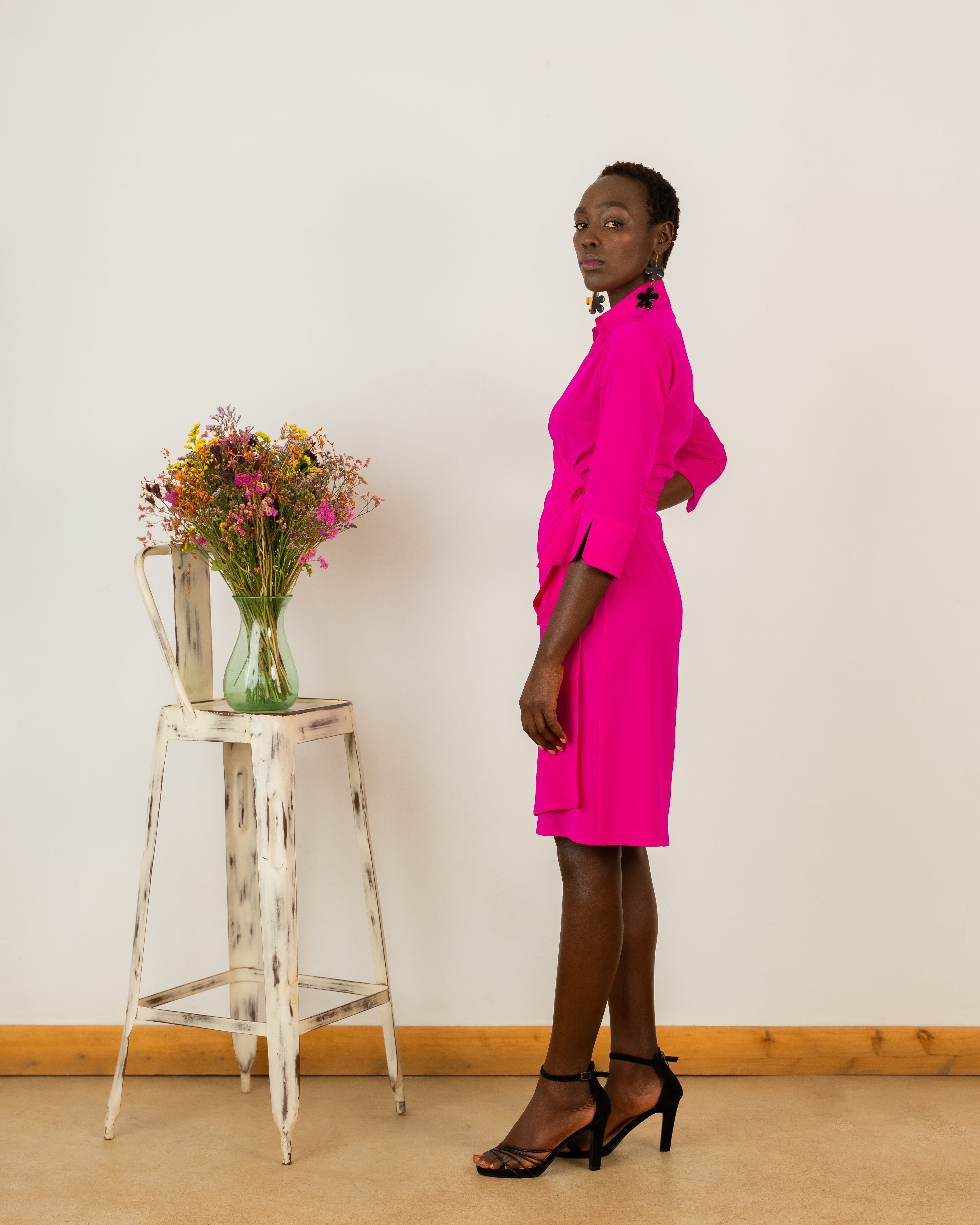 Wrap Dress in Hot Pink Crepe Silk