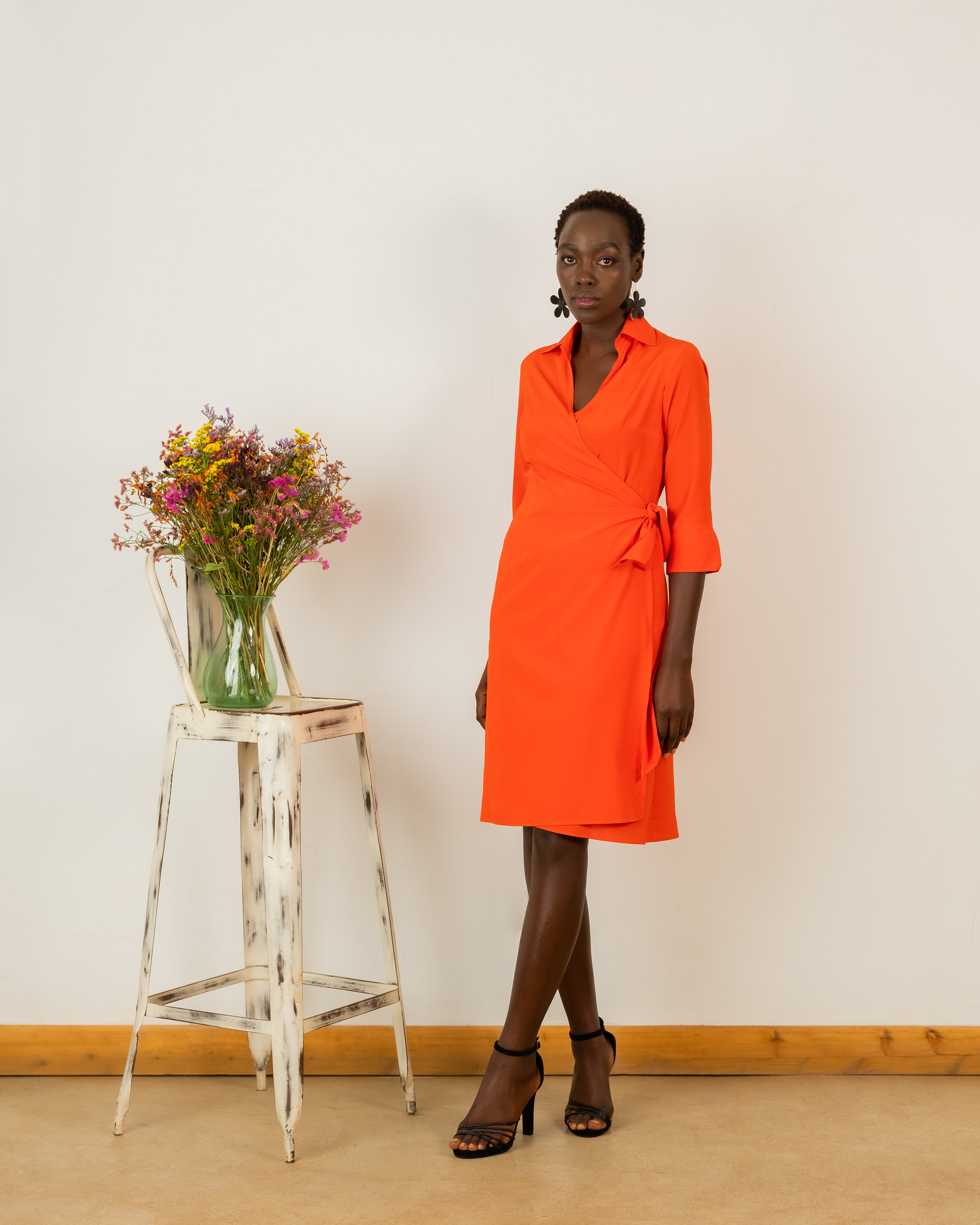 Wrap Dress in Orange Crepe Silk