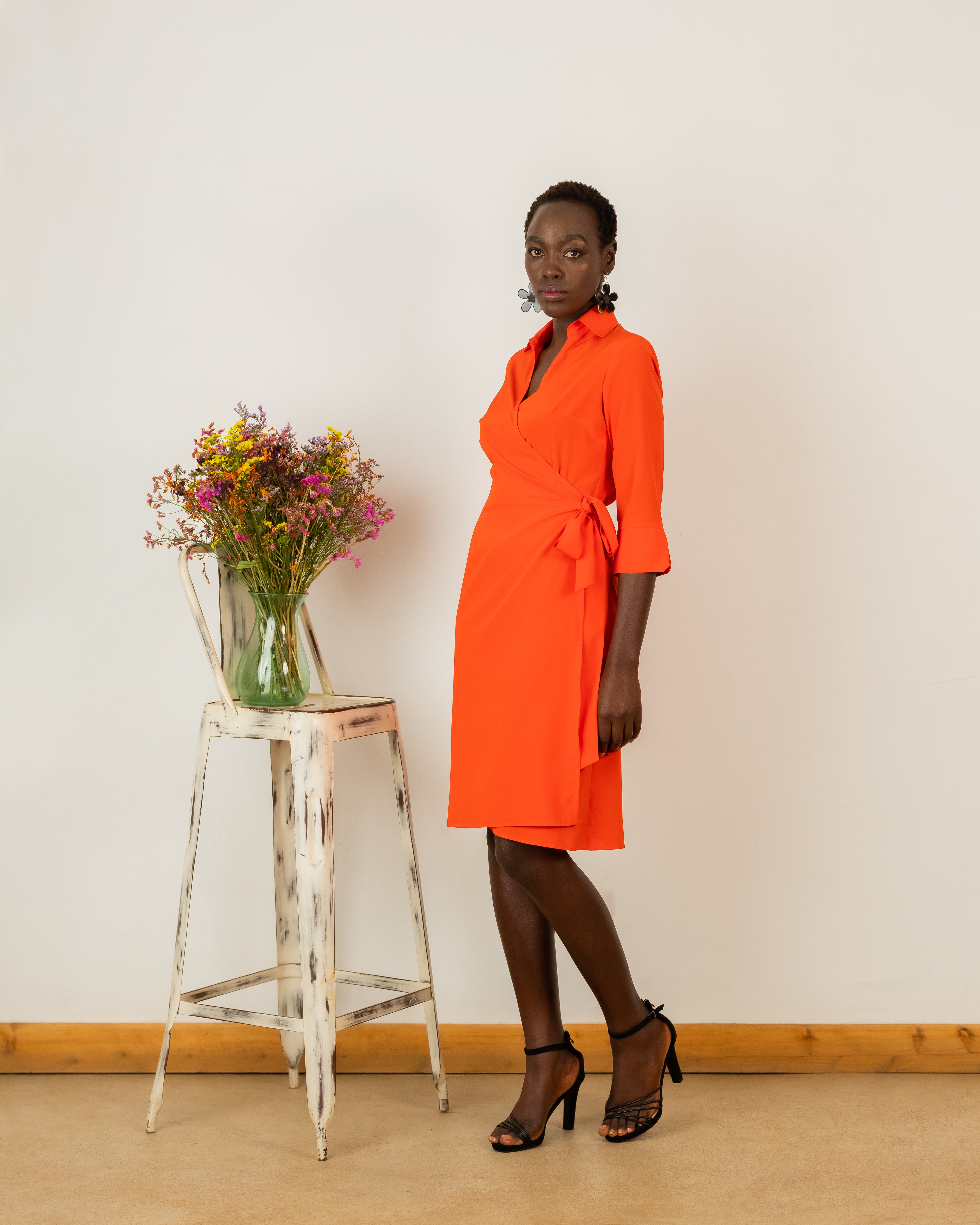 Wrap Dress in Orange Crepe Silk