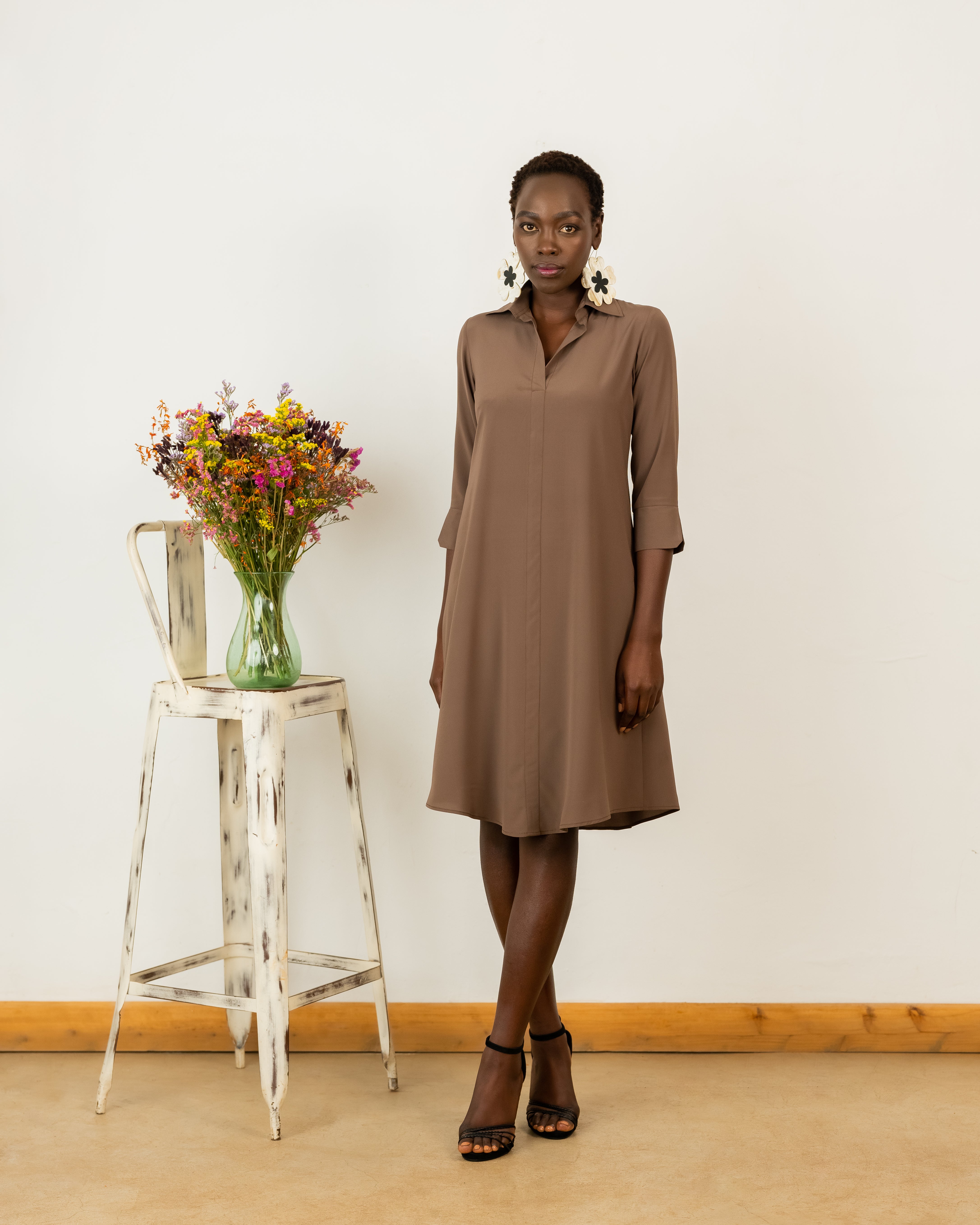 Harriet Dress In Taupe Crepe Silk