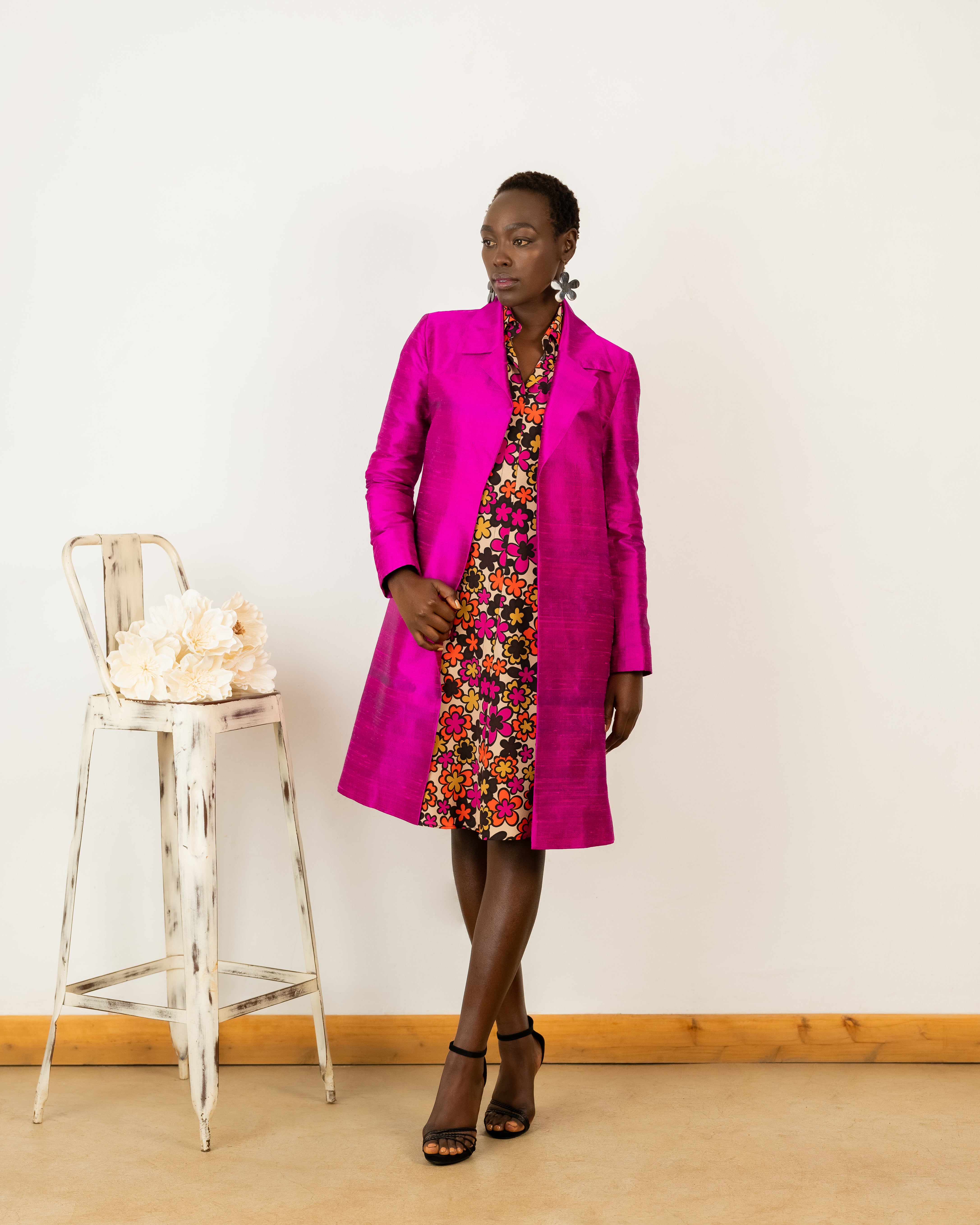 Regular Coat In Hot Pink Silk