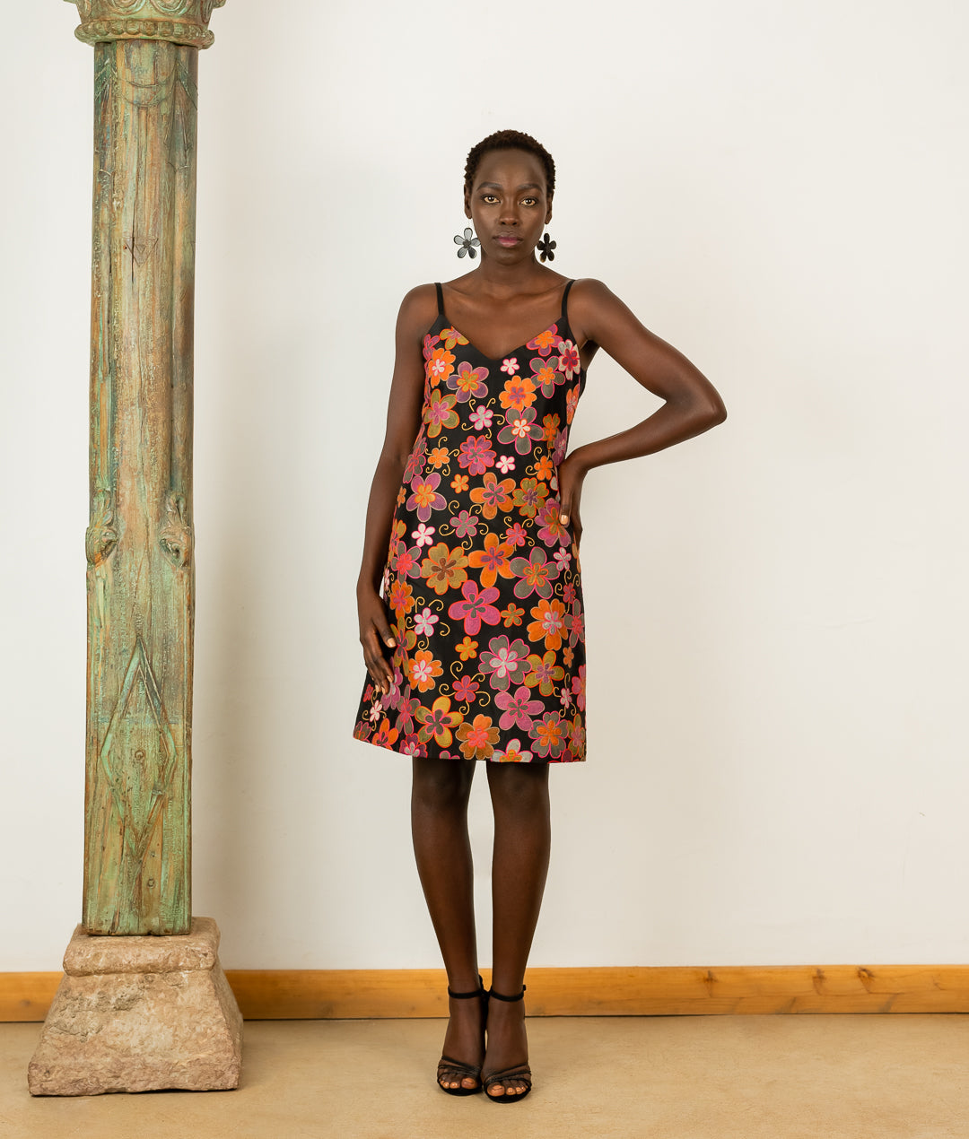 Flower Garden Slip Dress in Black Silk