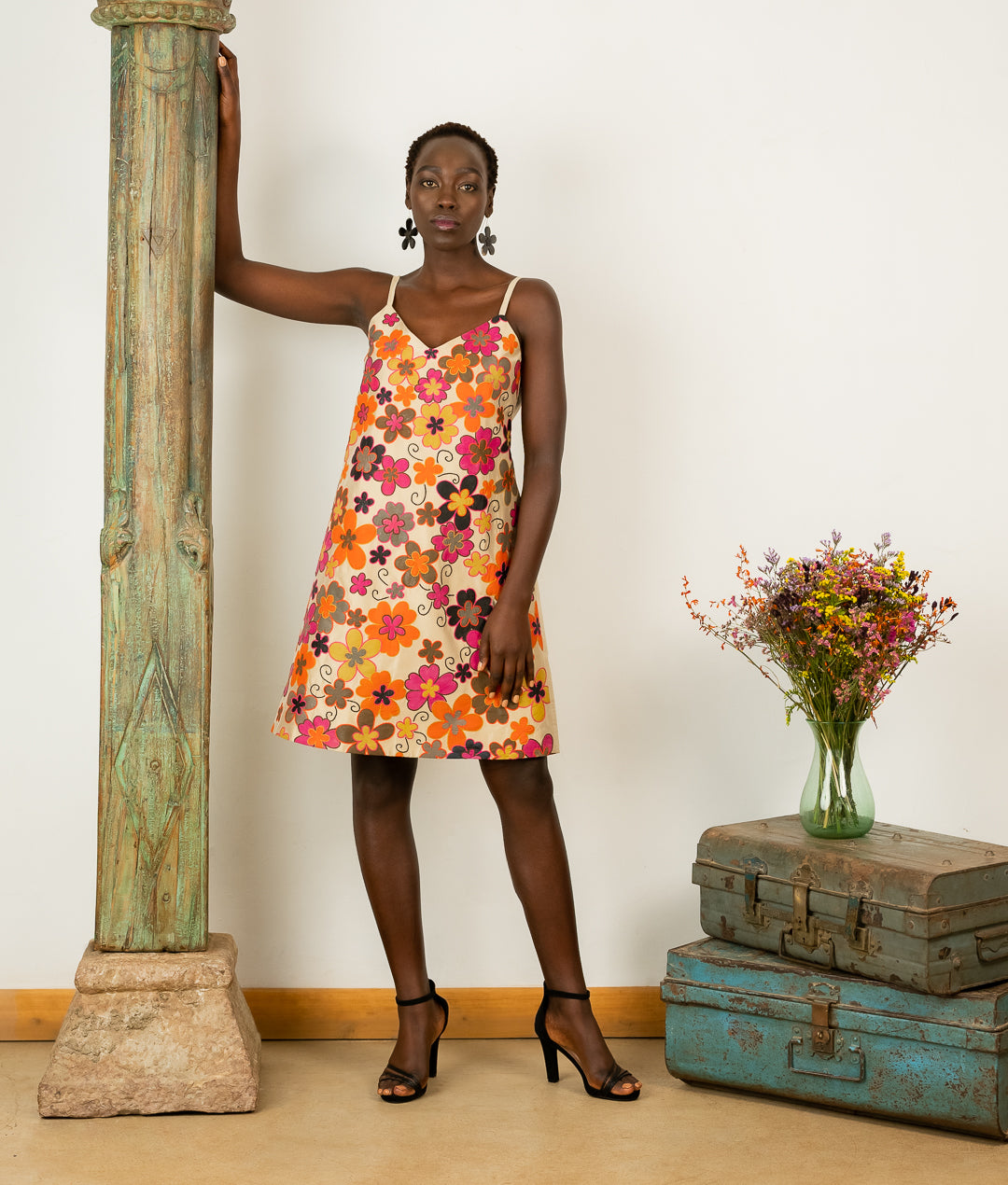 Flower Garden Slip Dress in Beige Silk