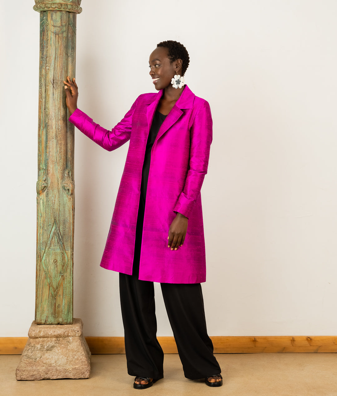 Regular Coat In Hot Pink Silk