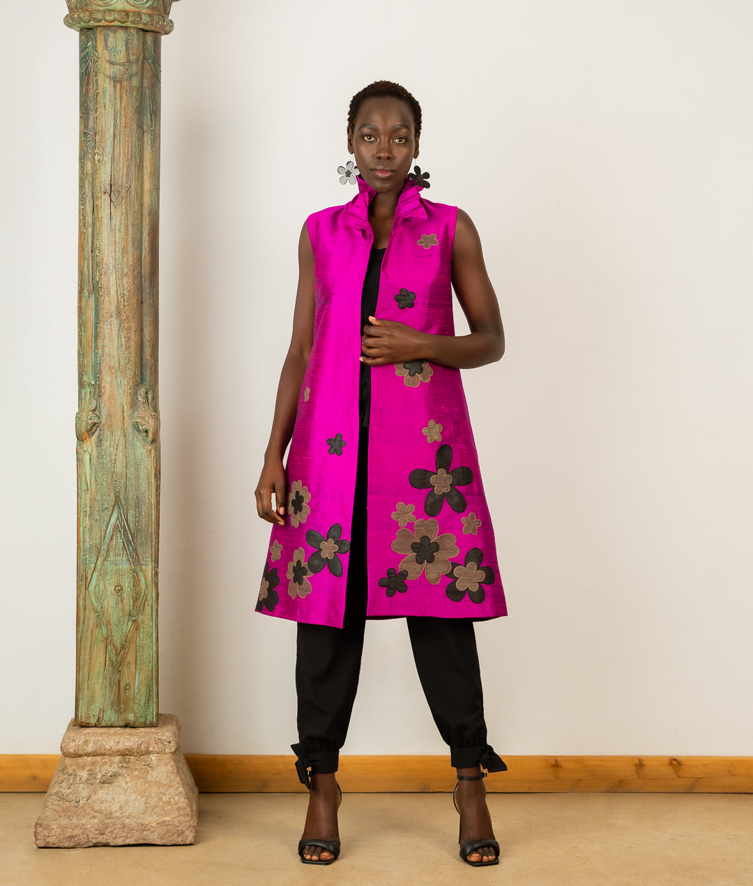 Sleeveless Frill Collar Coat In Hot Pink Silk