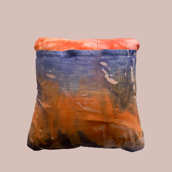 Hand Painted Silk Cushion In Blue/Orange
