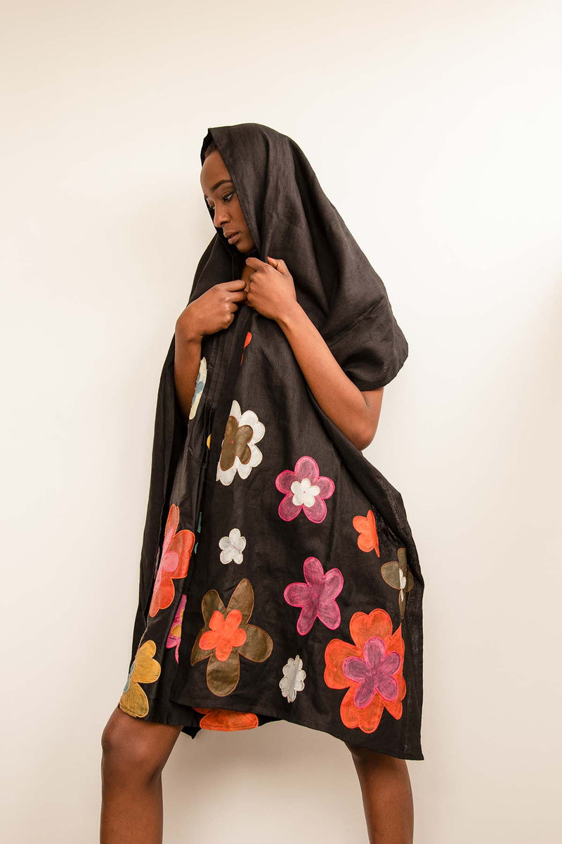 Daisy Painted Shawl In Black Linen
